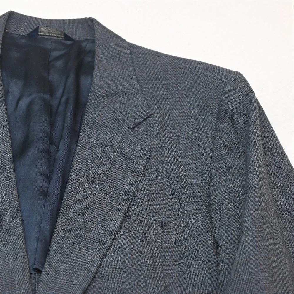 Vtg USA Made 44R 34x30 Blue Glenn Check Wool Bootcut Mens Jacket Pants Suit